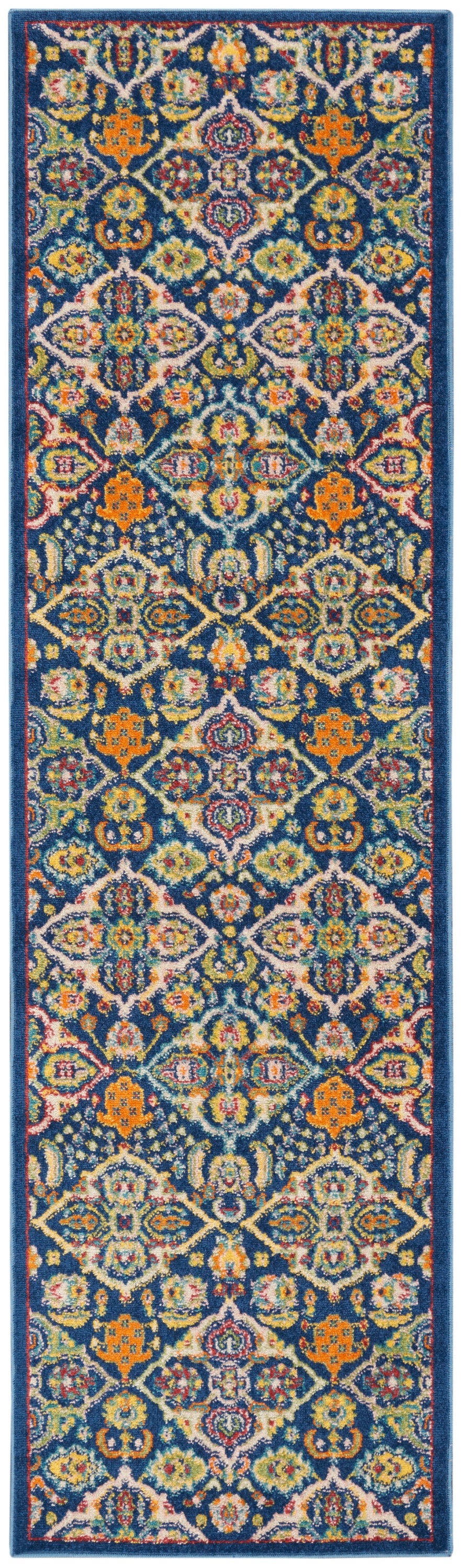Long blue-bordered runner rug with a vivid Persian-inspired floral lattice in orange, teal, yellow, pink.