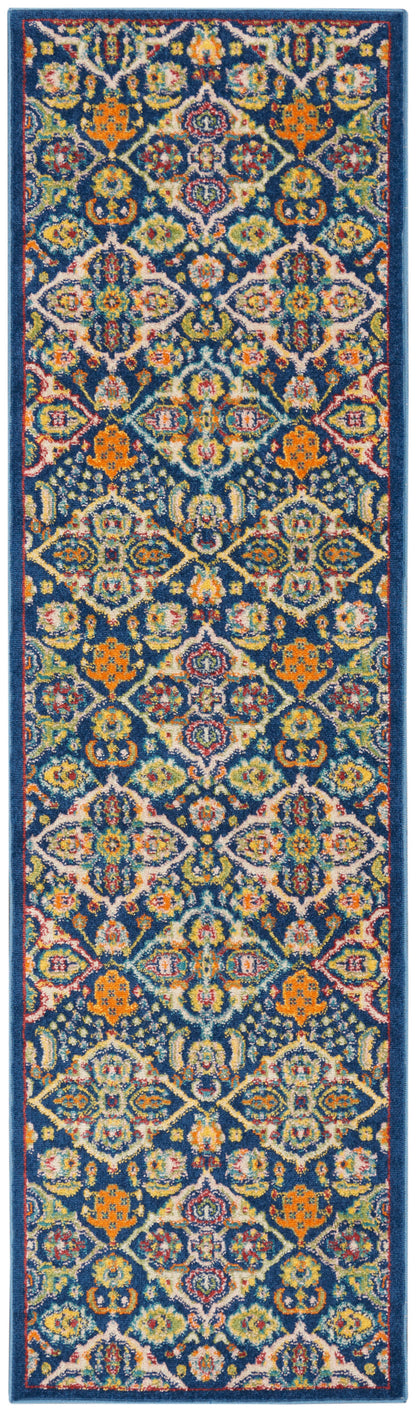 Long blue-bordered runner rug with a vivid Persian-inspired floral lattice in orange, teal, yellow, pink.