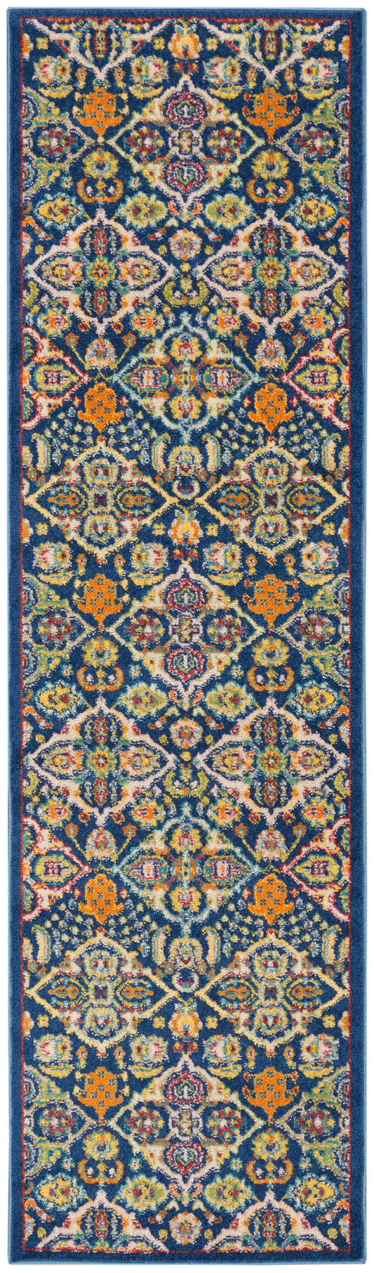 Long blue-bordered runner rug with a vivid Persian-inspired floral lattice in orange, teal, yellow, pink.