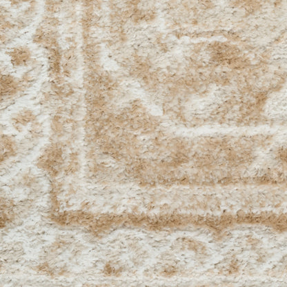 Beige and ivory shag rug with a subtle geometric pattern; plush, high-pile area rug for living spaces.