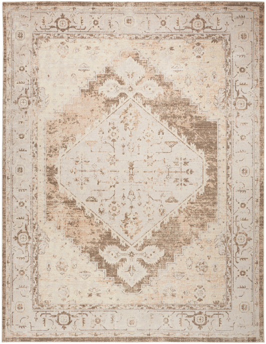 Beige distressed Persian-style area rug with cream center diamond medallion and ornate border.