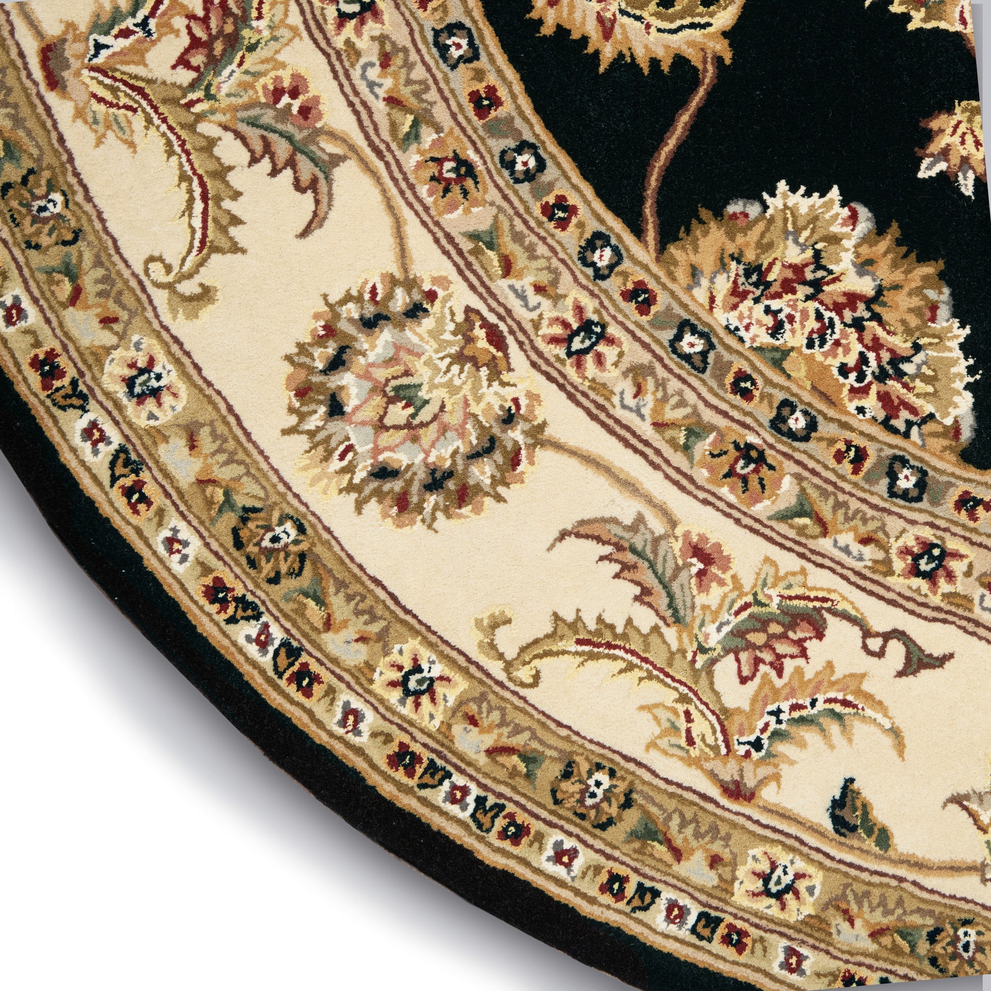Round rug with cream field, black edge, ornate gold, red, and green floral border in Persian style.