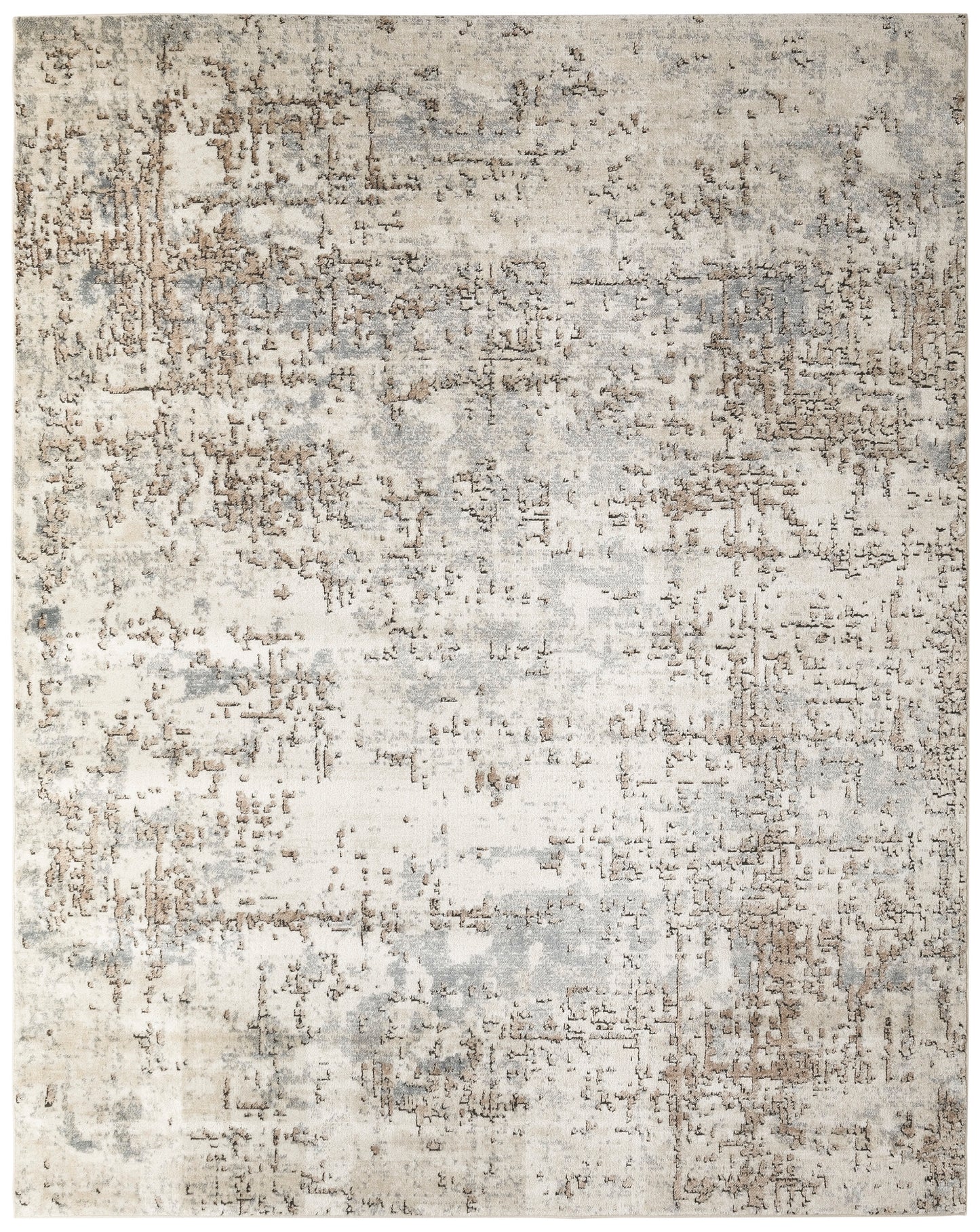 Abstract distressed beige and gray area rug with taupe accents, rectangular modern decor.