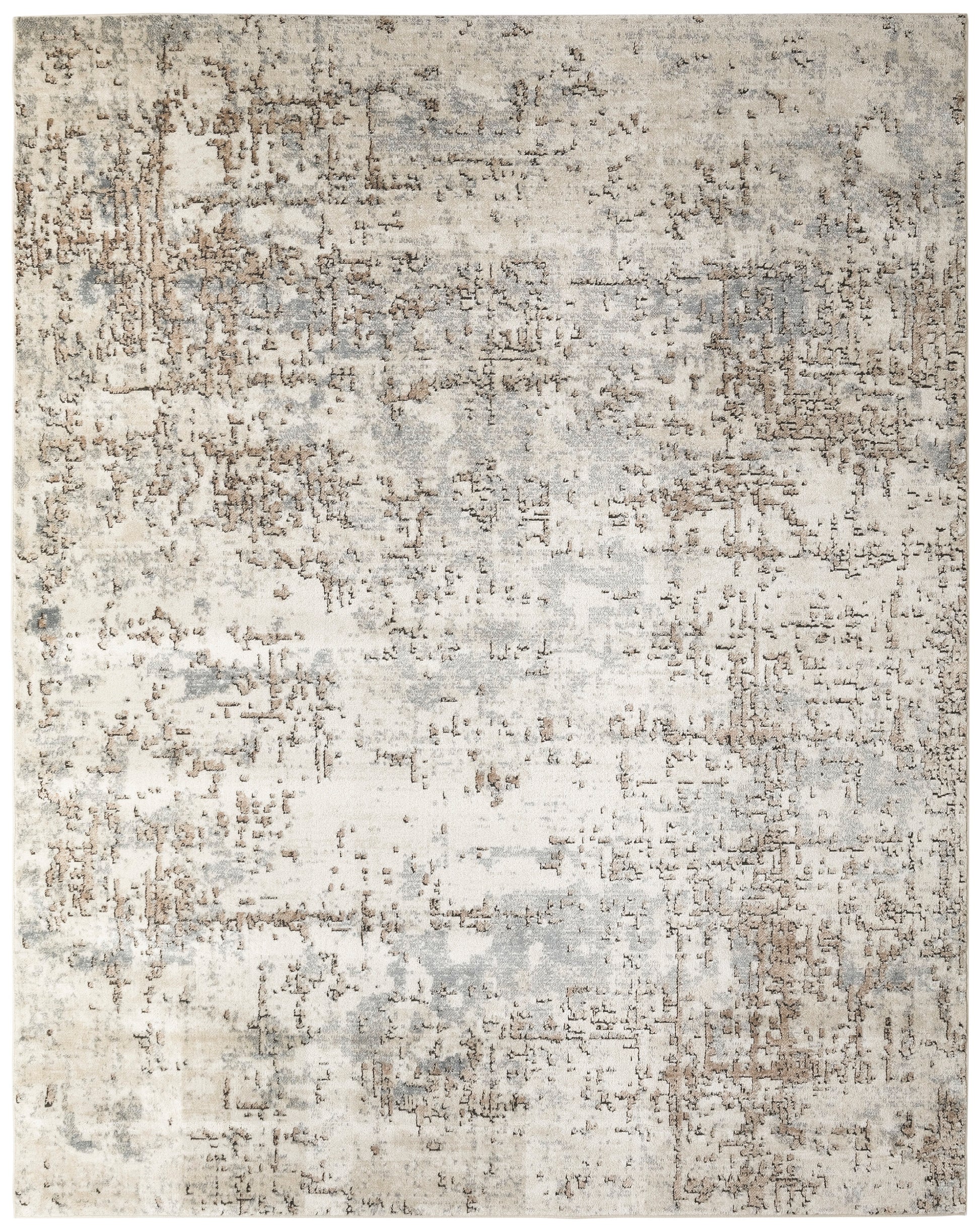 Abstract distressed beige and gray area rug with taupe accents, rectangular modern decor.