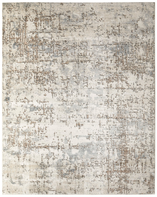Abstract distressed beige and gray area rug with taupe accents, rectangular modern decor.