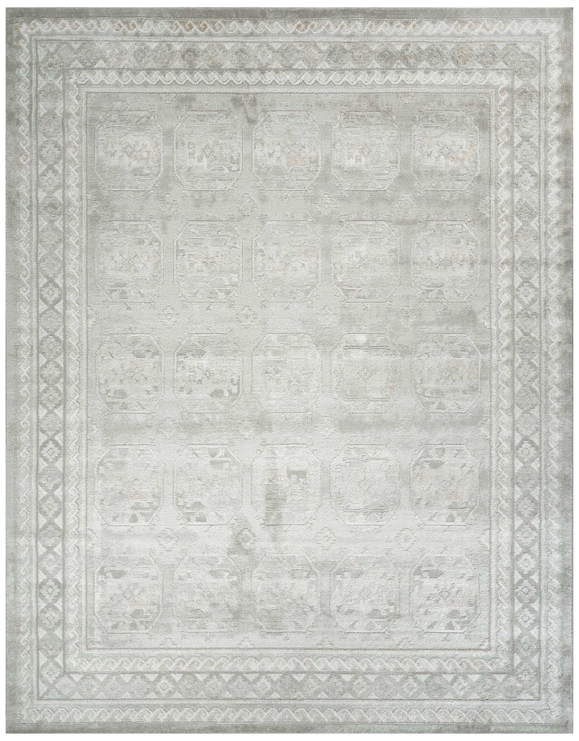 Rectangular light gray distressed rug with ivory geometric borders and faded medallion pattern; versatile oriental style.
