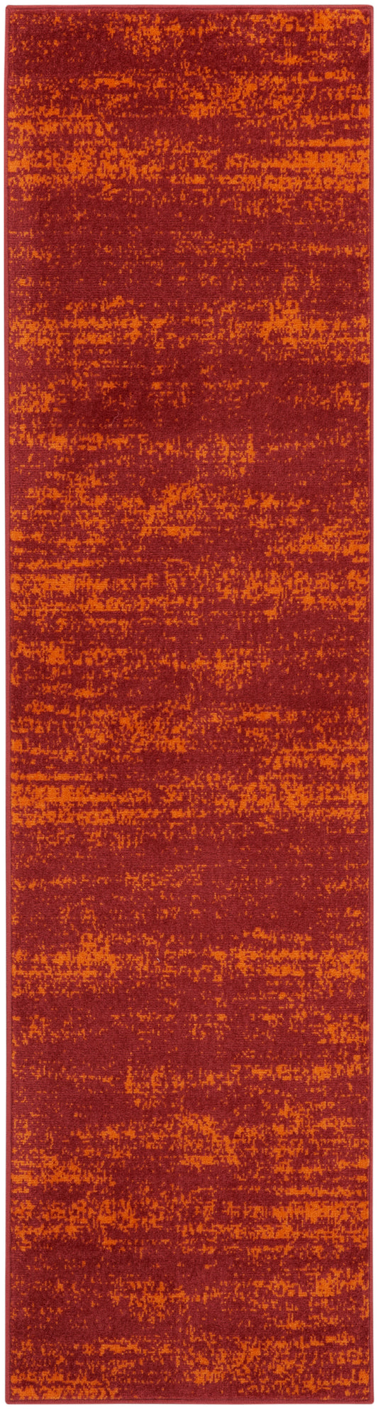 Long runner rug in burnt orange and burgundy with an abstract distressed texture; contemporary hallway decor.