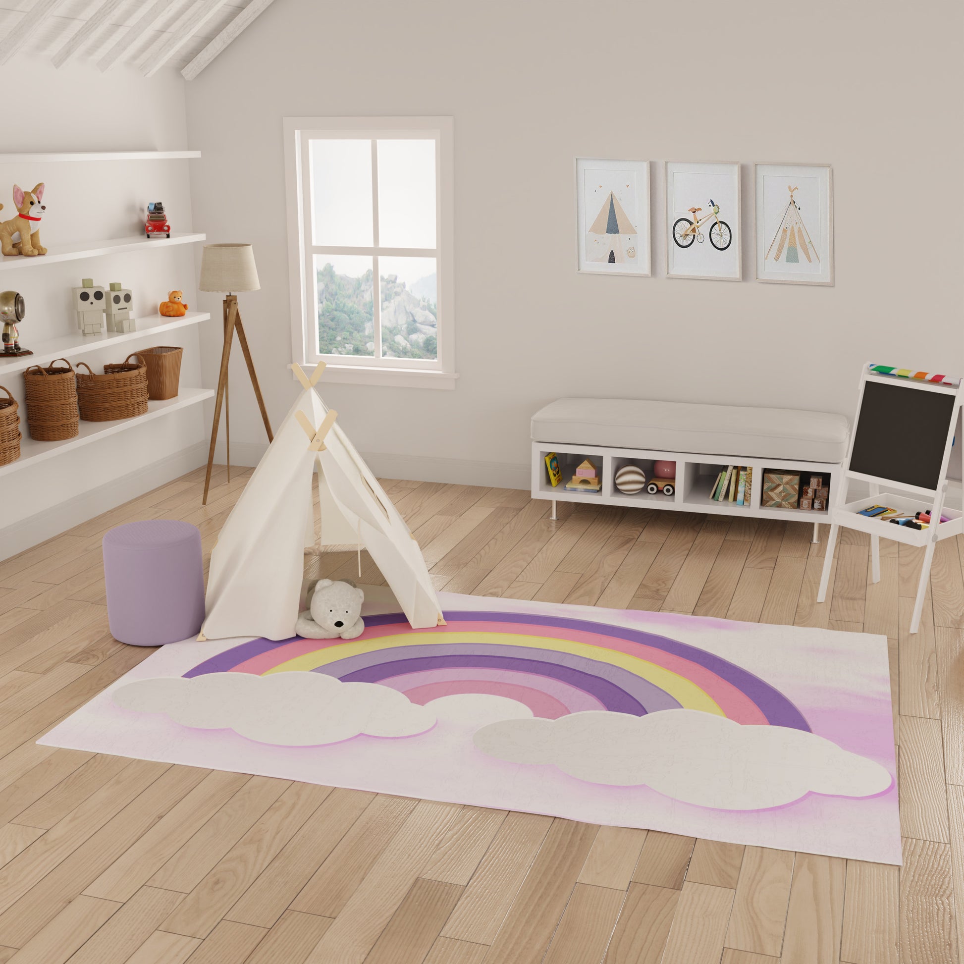 Pastel kids' playroom with a rainbow rug, white teepee tent, purple pouf, wooden floor, basket shelves, and framed wall art.