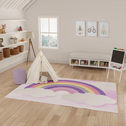 Pastel kids' playroom with a rainbow rug, white teepee tent, purple pouf, wooden floor, basket shelves, and framed wall art.