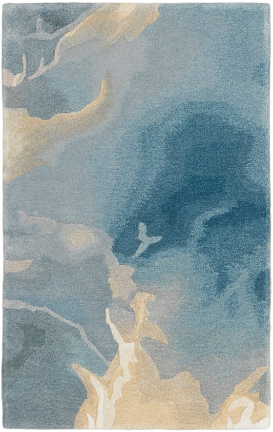 Rectangular abstract rug in blue tones with beige cream cloud-like shapes; watercolor-inspired design.