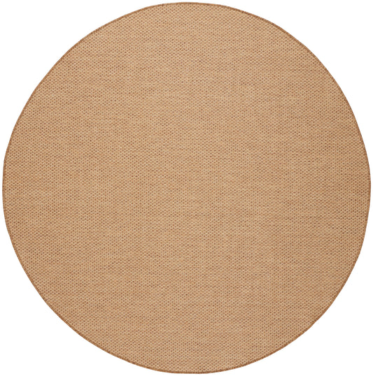 Round natural jute placemat with tight woven texture in beige; rustic casual dining accessory