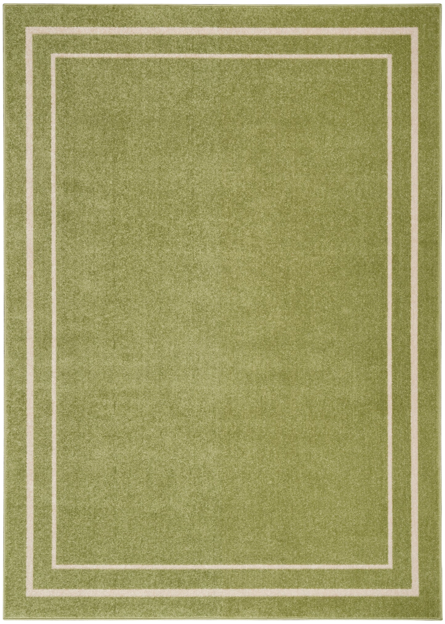 Olive green rectangular rug with cream double-border frames, contemporary geometric design.