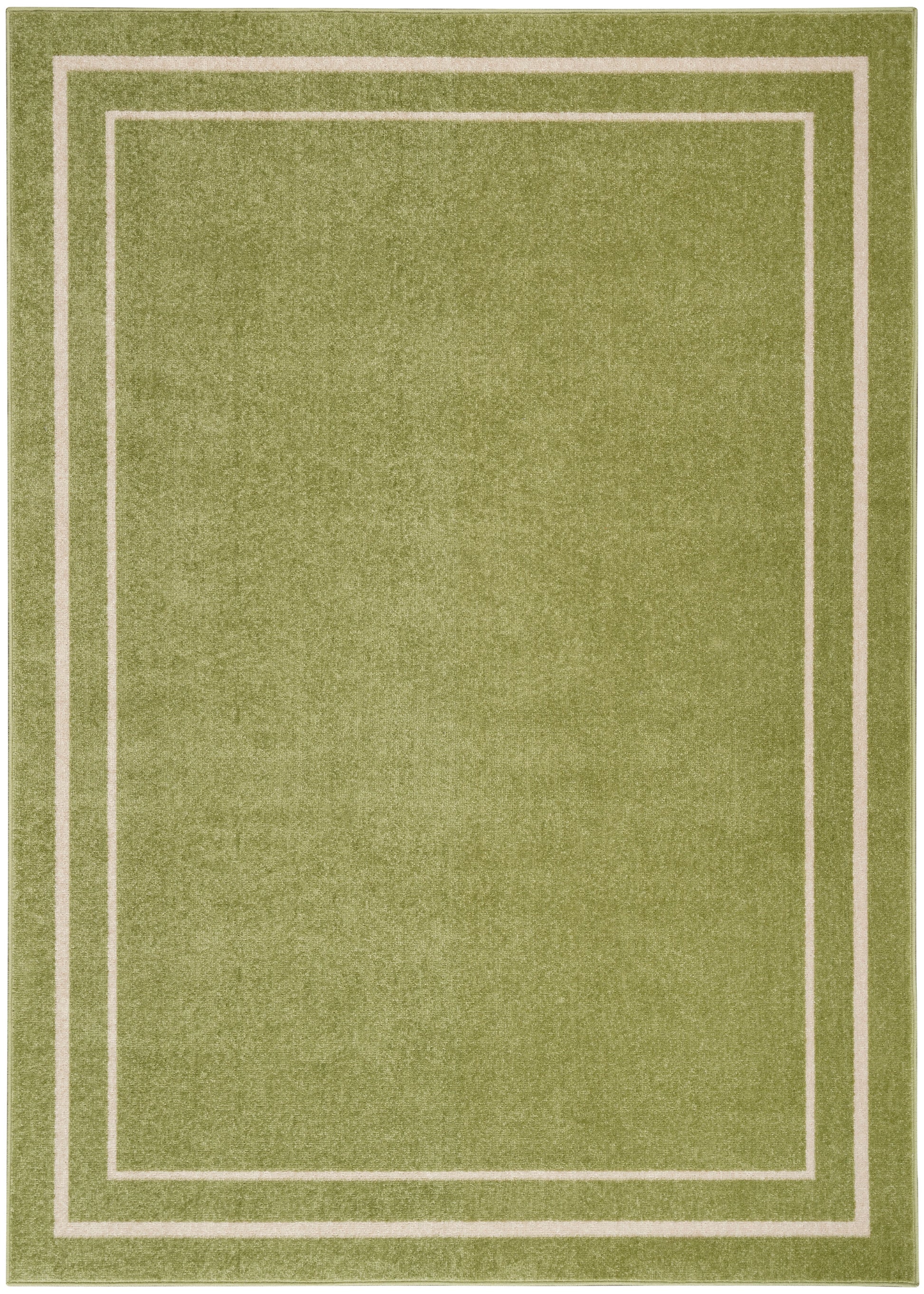 Olive green rectangular rug with cream double-border frames, contemporary geometric design.