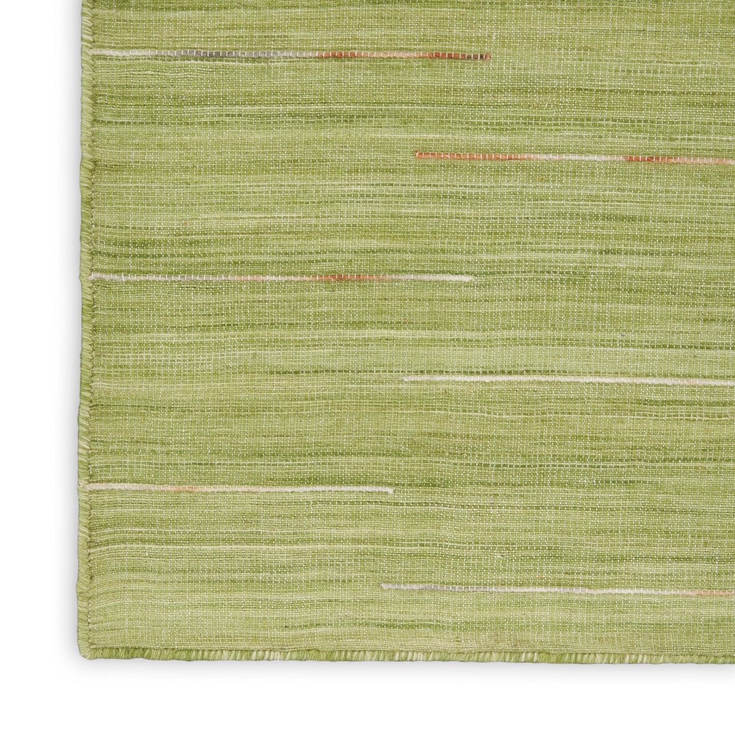 Olive-green woven rug with pale cream and subtle pink stripes; textured surface, rectangular shape.