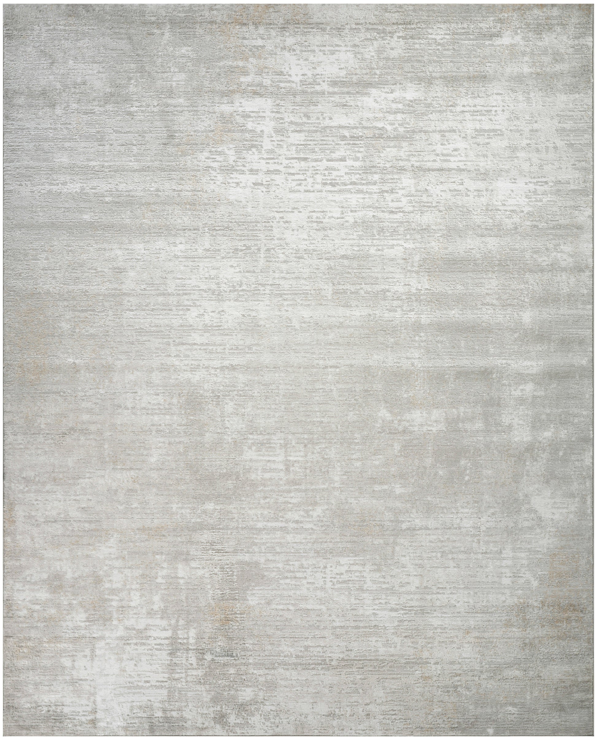 Rectangular light-gray distressed area rug with subtle beige undertones and textured surface.