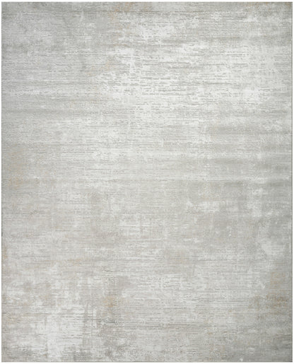 Rectangular light-gray distressed area rug with subtle beige undertones and textured surface.