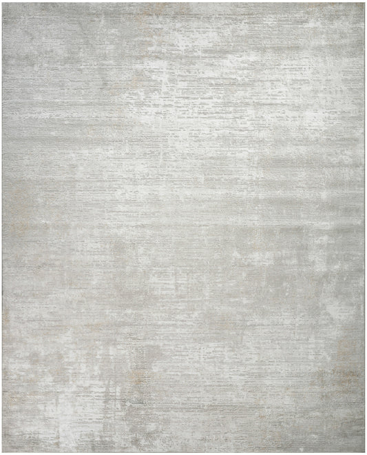 Rectangular light-gray distressed area rug with subtle beige undertones and textured surface.