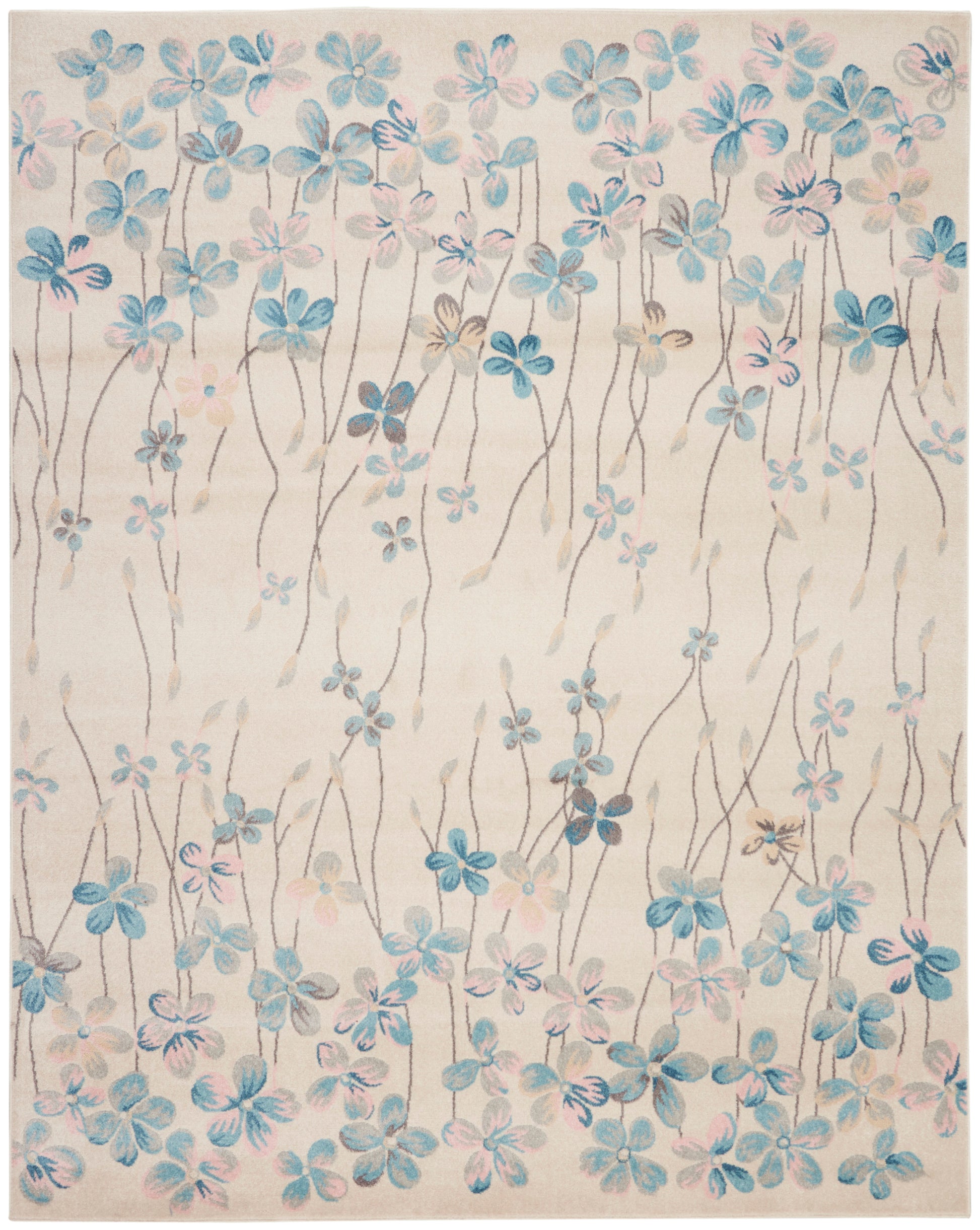 Beige area rug with blue and pink watercolor flowers on slender stems, airy botanical pattern for living room decor.