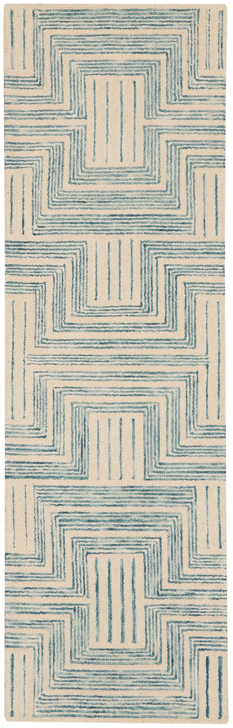 Beige runner rug with teal stepped-square spirals; geometric modern pattern and soft textured pile.
