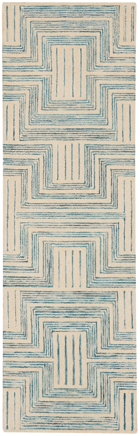 Beige runner rug with teal stepped-square spirals; geometric modern pattern and soft textured pile.