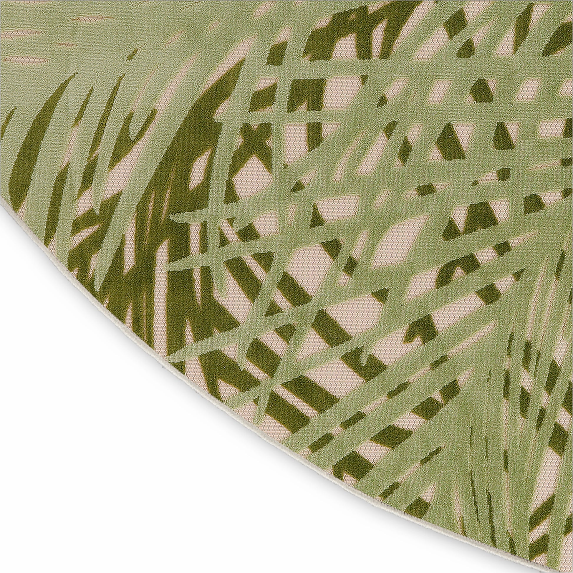 Beige outdoor round rug with olive-green abstract linear print; 5' diameter.