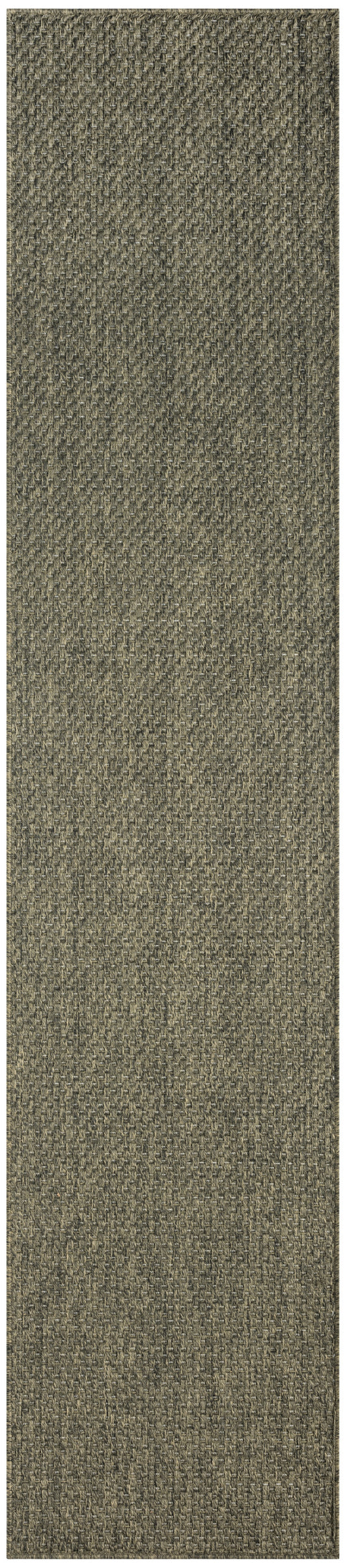 Olive-green textured woven outdoor runner rug with a tight basket-weave pattern.