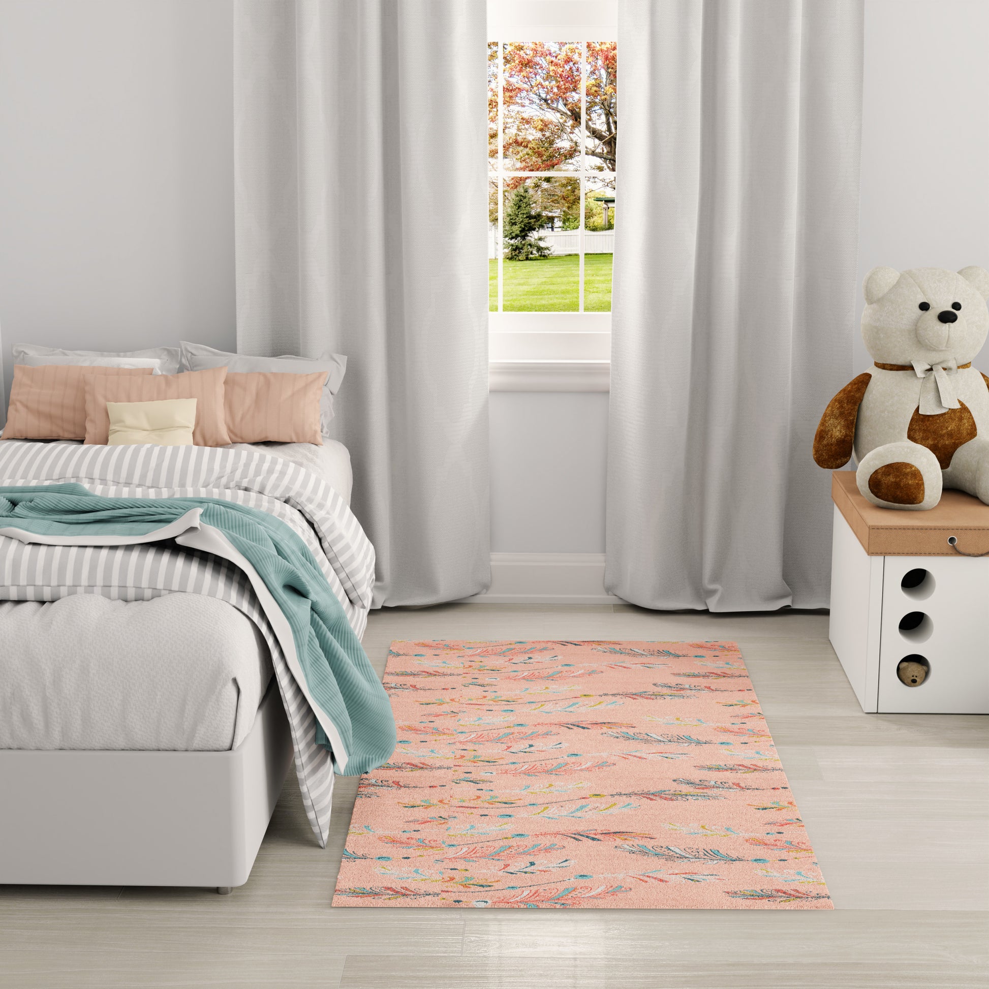 Pastel kids' room with peach patterned rug, striped gray bedding on a bed, mint blanket, and a teddy on a white dresser.