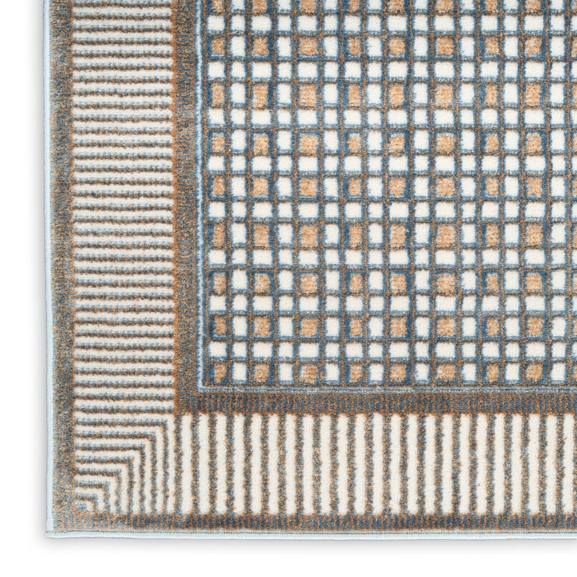 Woven 6' runner rug with tan grid pattern in blue lines, blue/beige border, and striped outer edge.