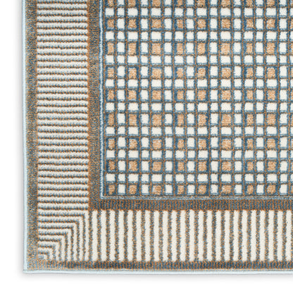 Woven 6' runner rug with tan grid pattern in blue lines, blue/beige border, and striped outer edge.