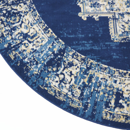 Round navy rug with ornate cream and gold border, Persian-inspired pattern, plush texture.