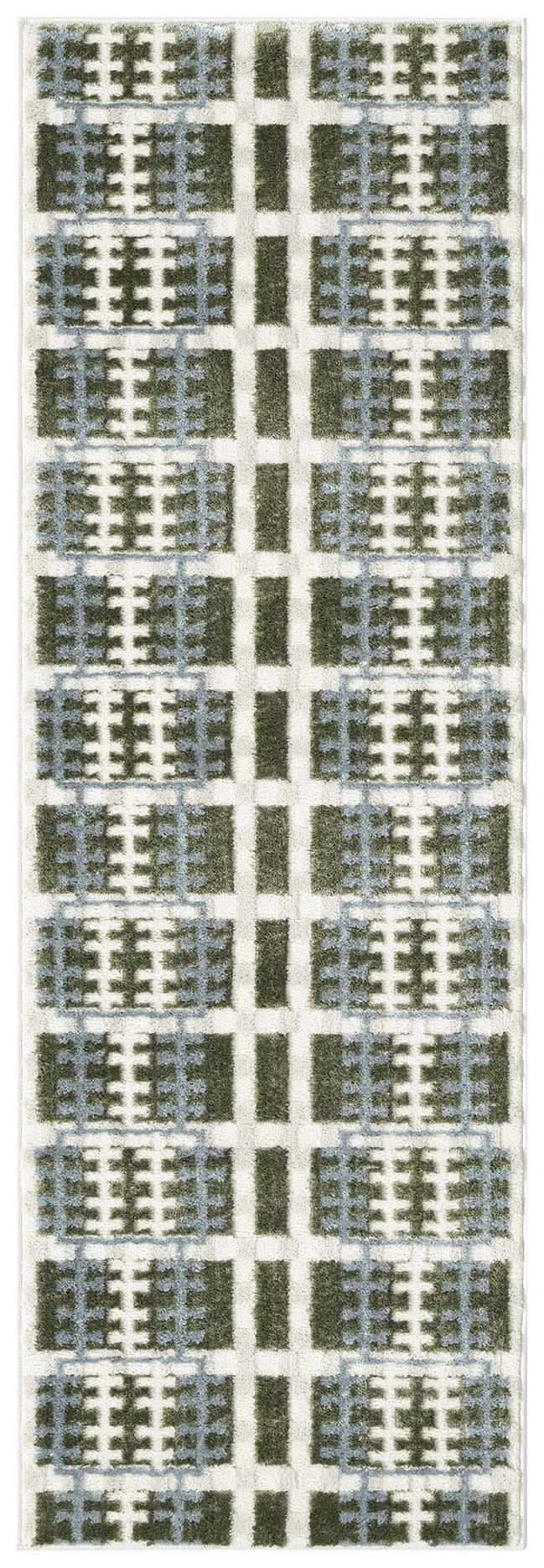6' runner rug with a grid of dark green blocks and blue-gray lattice panels on an off-white background.