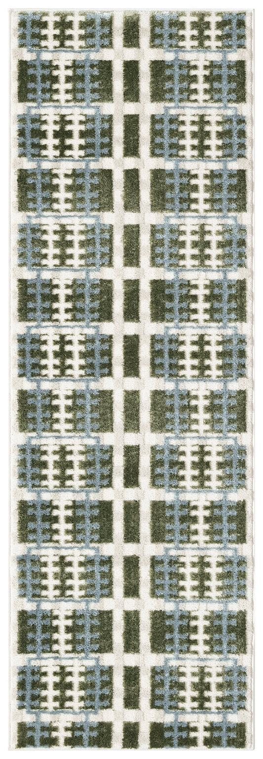 6' runner rug with a grid of dark green blocks and blue-gray lattice panels on an off-white background.