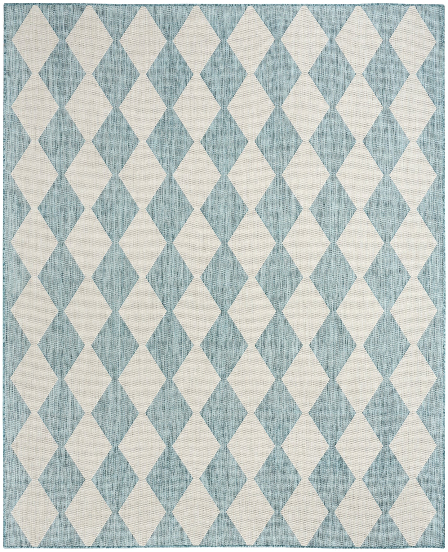 Rectangular blue woven area rug with a repeating white diamond lattice pattern; modern geometric textile decor.