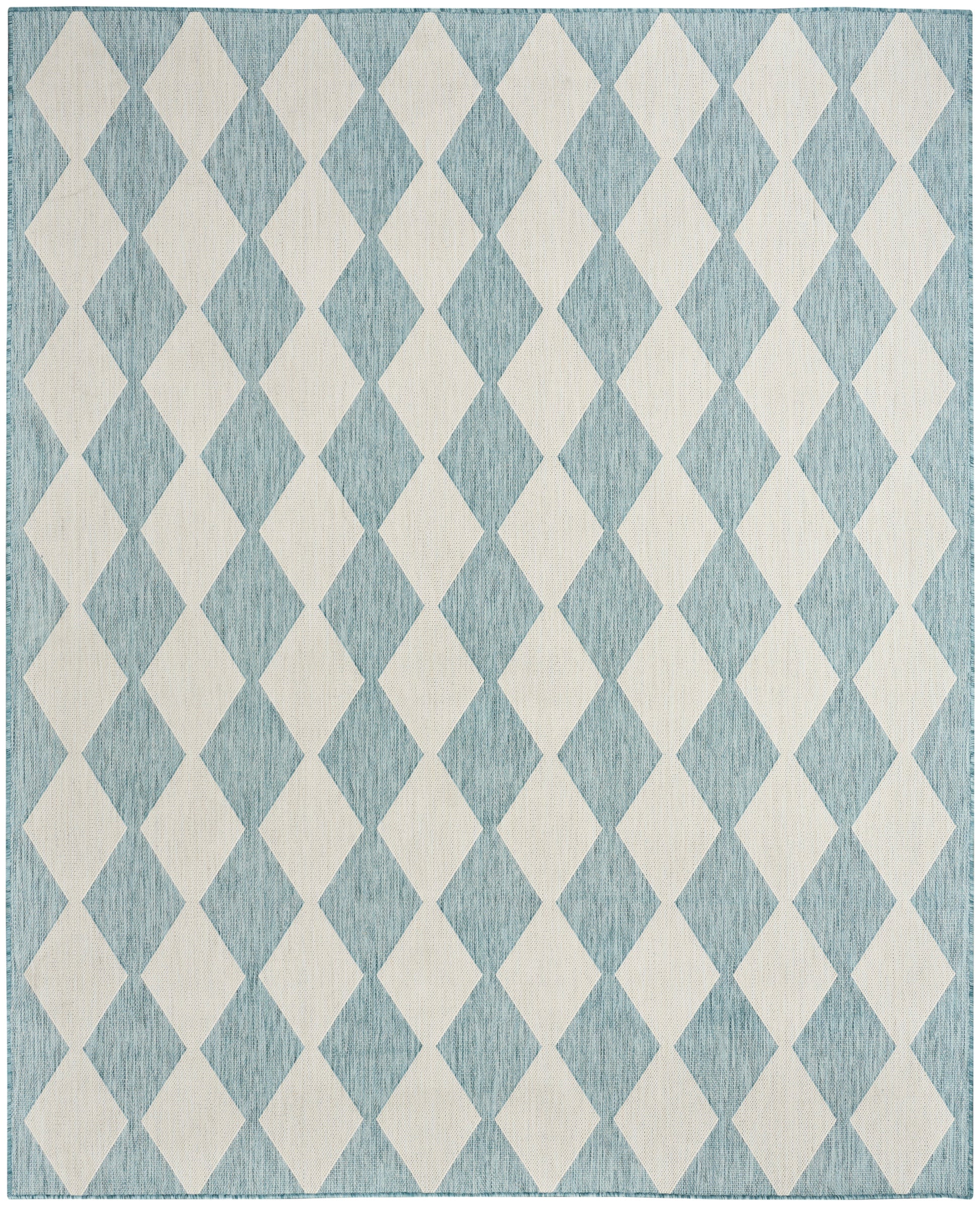 Rectangular blue woven area rug with a repeating white diamond lattice pattern; modern geometric textile decor.