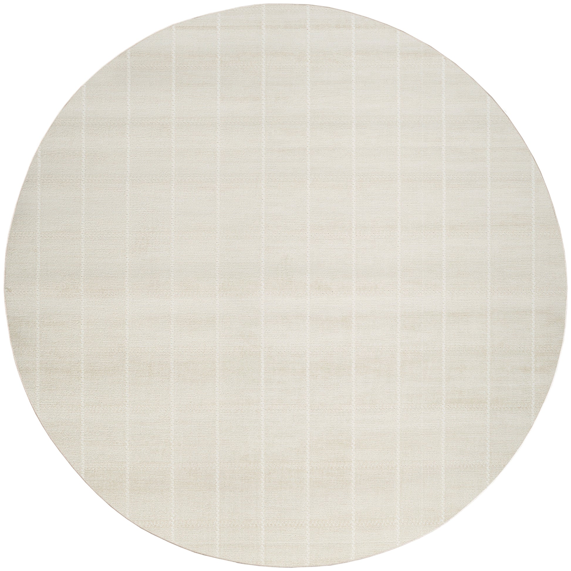 Beige round rug with subtle vertical grid pattern and soft woven texture.
