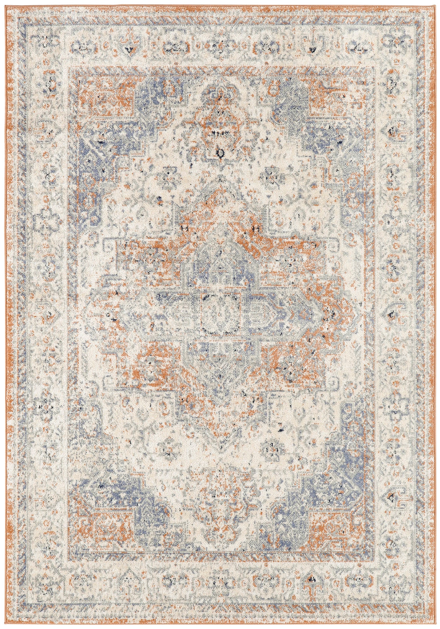Rectangular distressed Oriental area rug in ivory with blue and orange medallions and a multi-border frame.