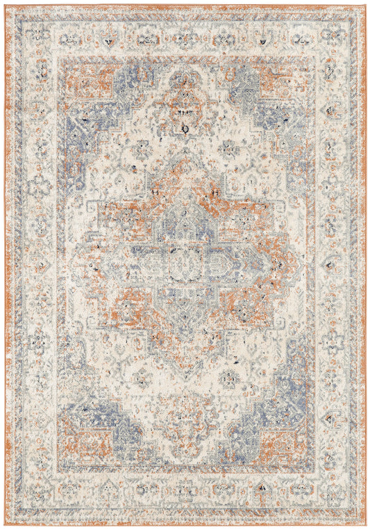 Rectangular distressed Oriental area rug in ivory with blue and orange medallions and a multi-border frame.