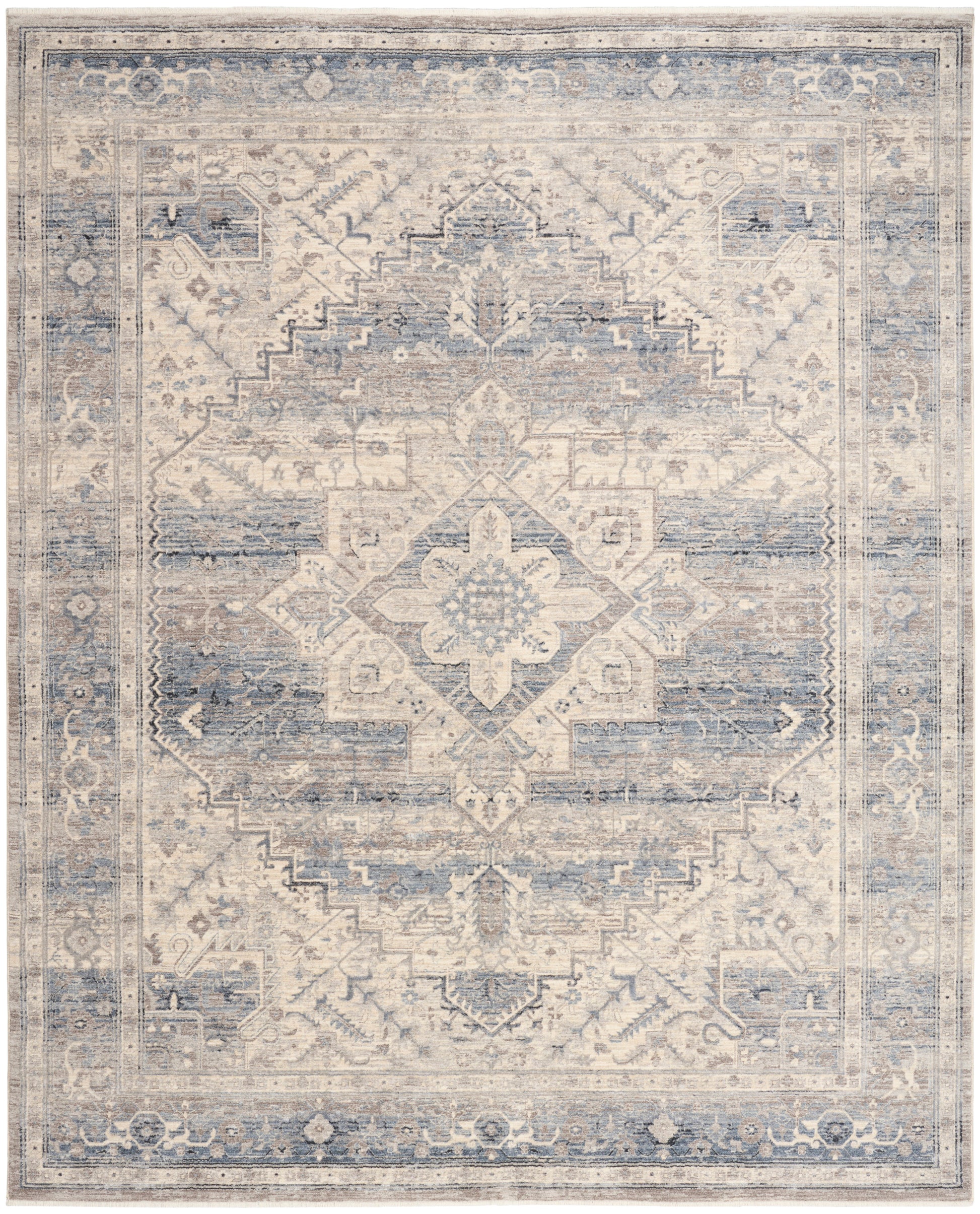 Rectangular vintage-inspired blue and ivory oriental rug with central floral medallion and ornate border.