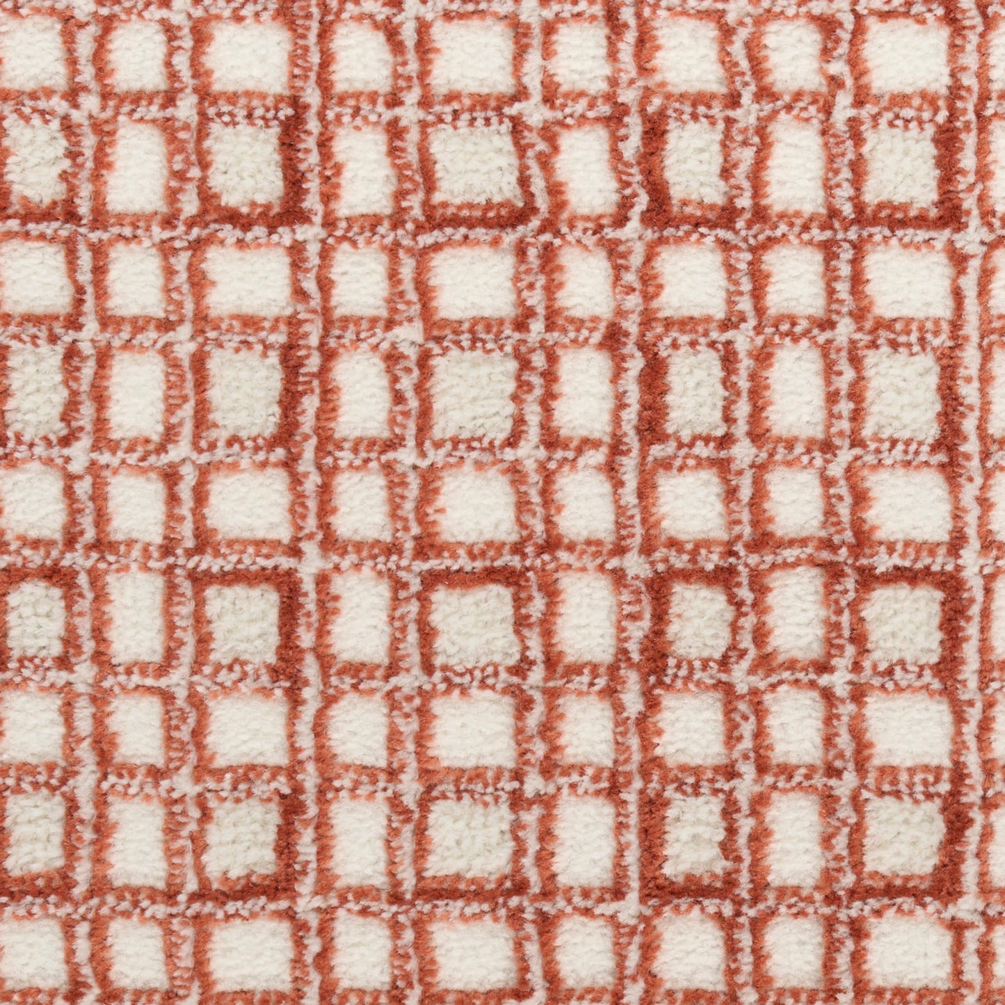 Red and white checkered plush fabric with square blocks; terry weave bath mat.