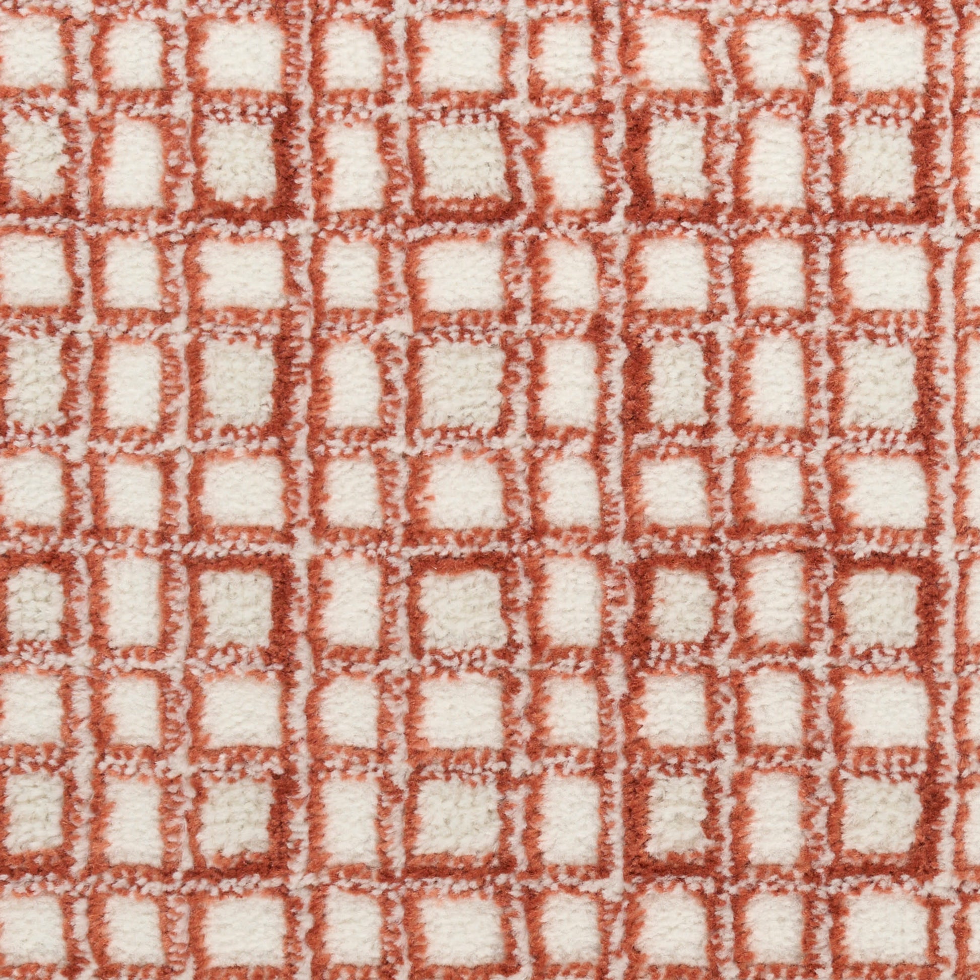 Red and white checkered plush fabric with square blocks; terry weave bath mat.