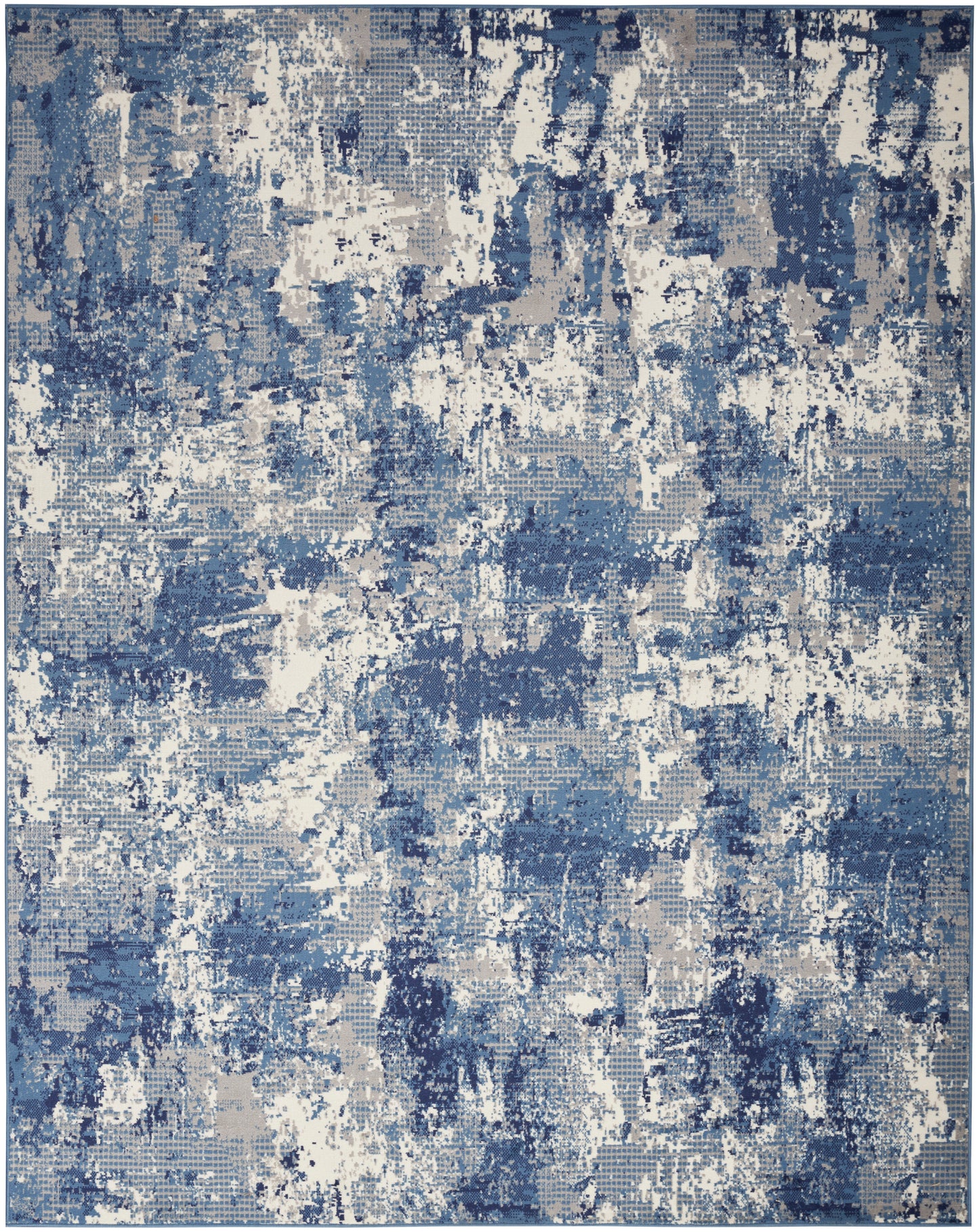 Blue and ivory abstract distressed area rug with geometric, pixelated pattern; modern rectangular decor rug.
