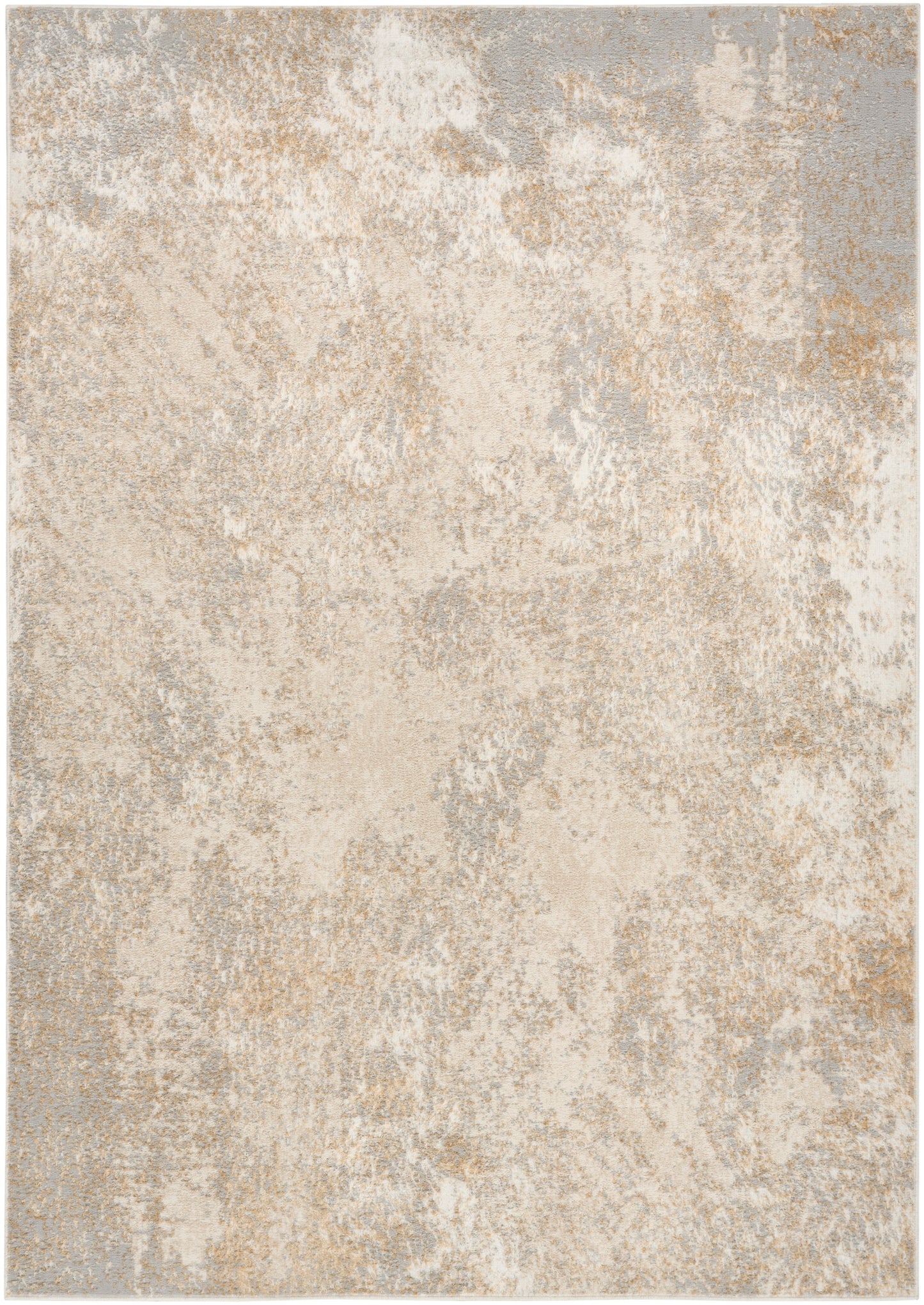 Rectangular distressed beige-gray woven rug with cream and sand tones, modern abstract design.