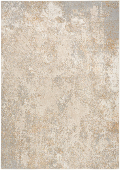 Rectangular distressed beige-gray woven rug with cream and sand tones, modern abstract design.