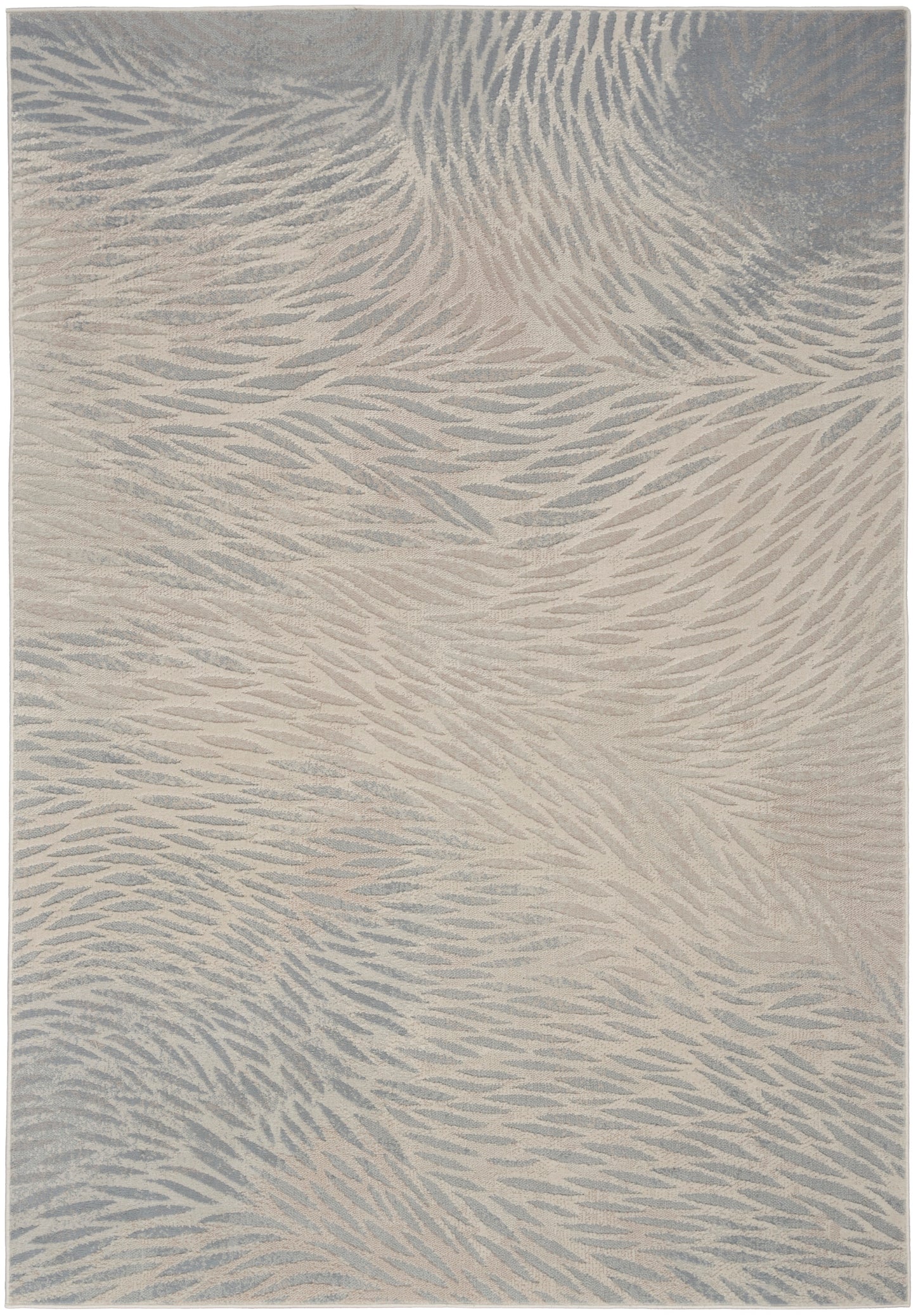 Beige and blue-gray abstract patterned area rug with soft, featherlike waves and plush pile.