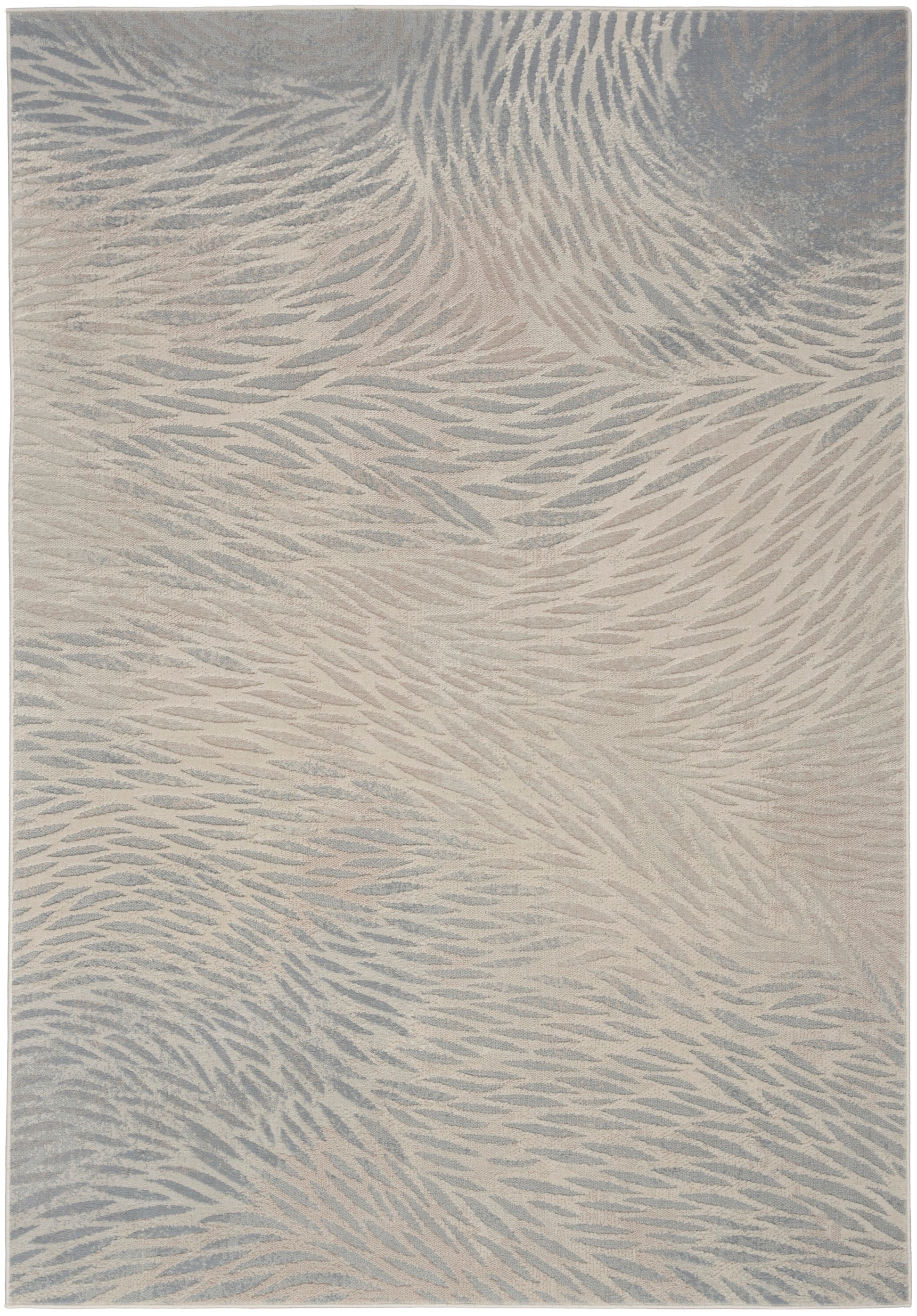 Beige and blue-gray abstract patterned area rug with soft, featherlike waves and plush pile.
