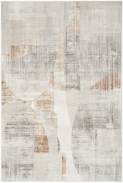 Abstract neutral area rug in cream, beige, gray and taupe with distressed geometric blocks and curved shapes.