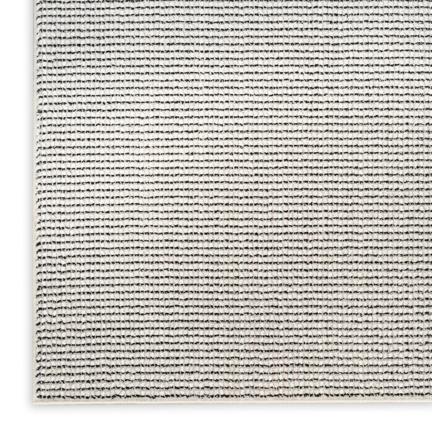Beige woven rug close-up showing tiny black specks and a textured flat-weave pattern.