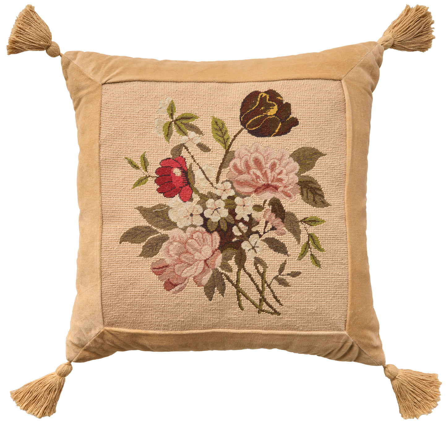 Beige embroidered throw pillow with floral bouquet, tan border & tassels at all four corners.