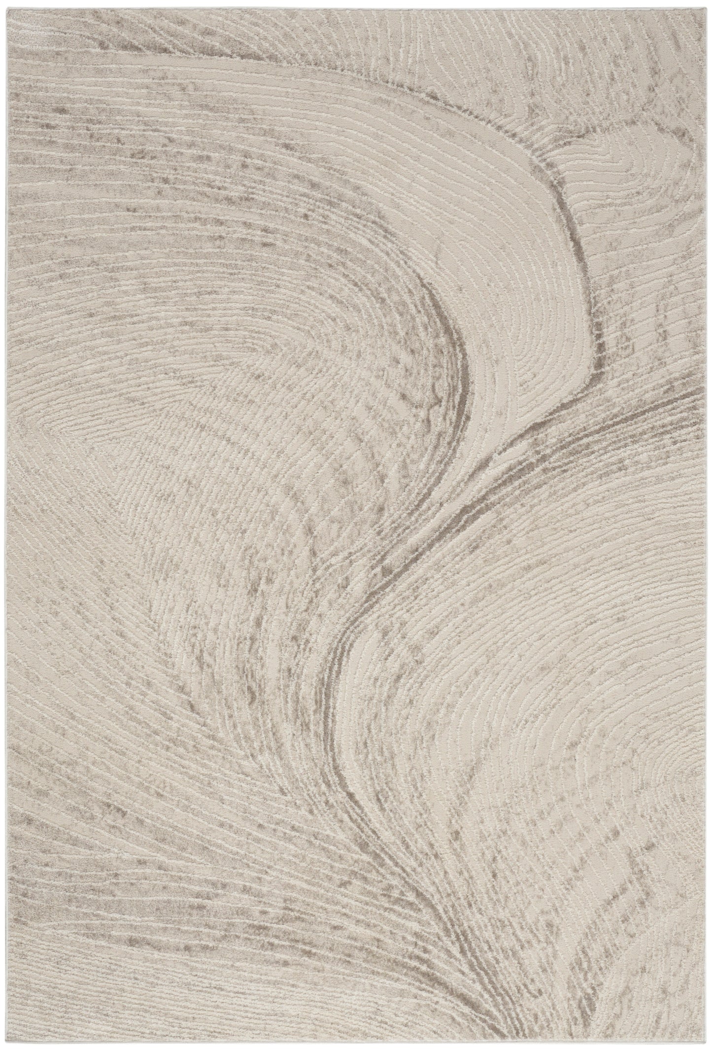 Beige rug with abstract swirl texture and cream and taupe marbling; modern pattern, 5' x 7'.