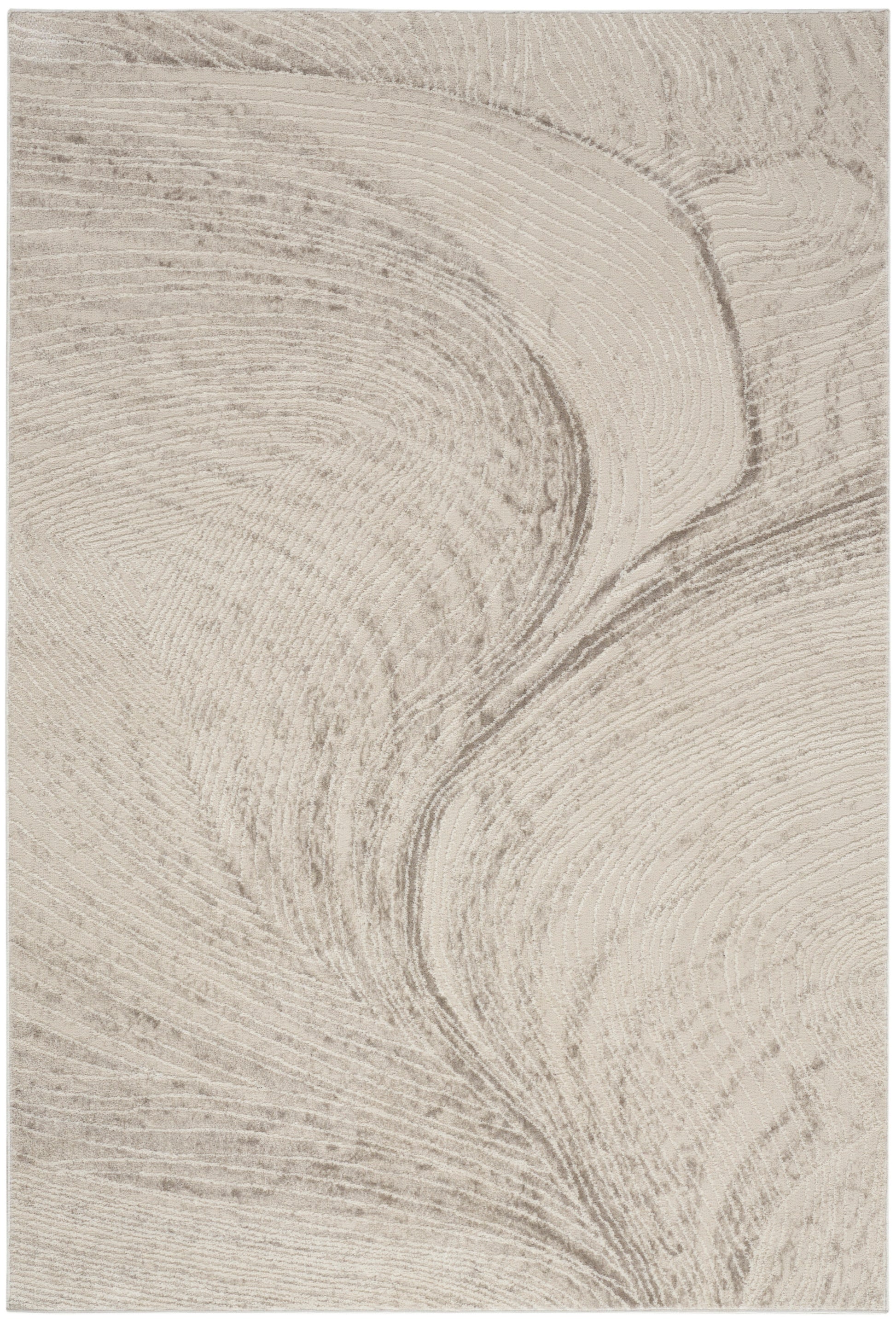Beige rug with abstract swirl texture and cream and taupe marbling; modern pattern, 5' x 7'.
